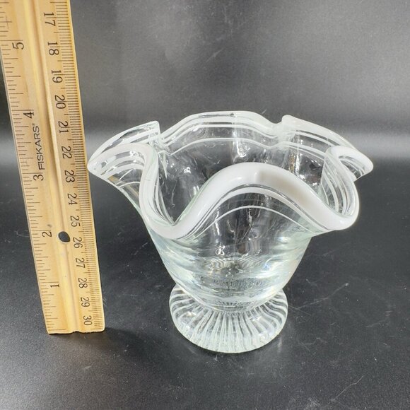 Vintage Glass Dish Bowl Clear White Ruffles Scroll Footed Base Candy Dish VTG - Picture 3 of 12